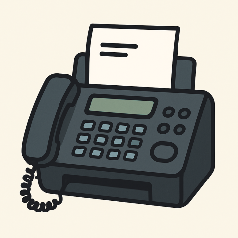  Illustrated fax machine with a sheet of paper and a coiled handset on a light background.