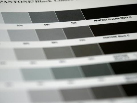 A close-up photo of a Pantone color swatch page showing various shades of black, gray, and white. This image represents the availability of black and white copying services.
